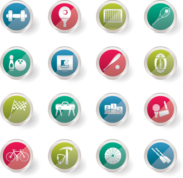 风格化的简单运动装备和工具图标在彩色的背景图片下载