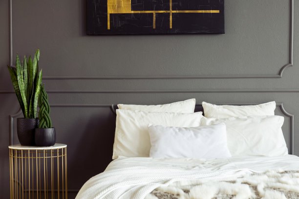 金色的桌子上放着植物，旁边是白色的床，而卧室内部则是灰色的装饰墙。真实的照片图片下载