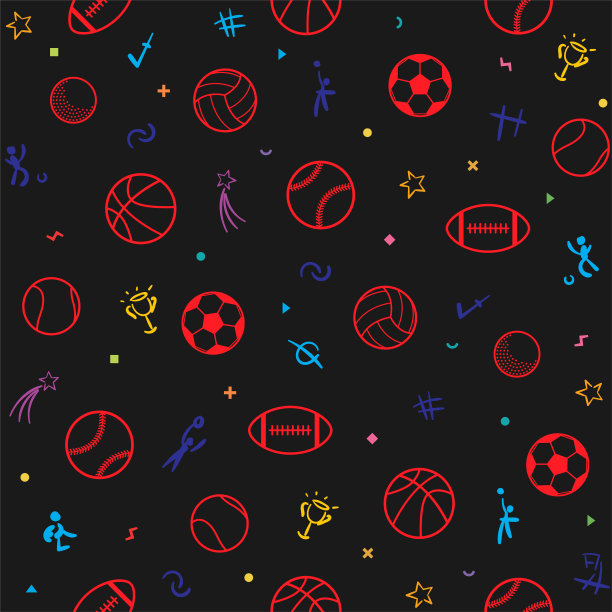 运动主题无缝背景图案足球棒球排球篮球图片下载