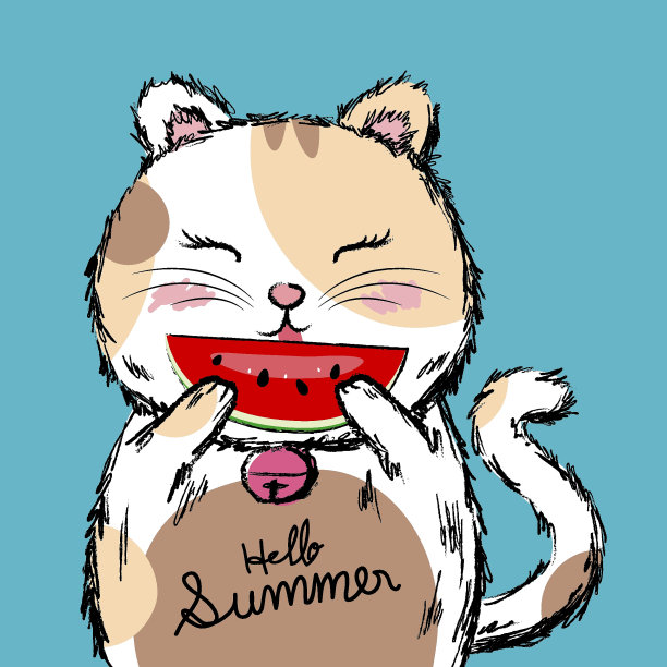 猫抱着西瓜矢量插图图片下载