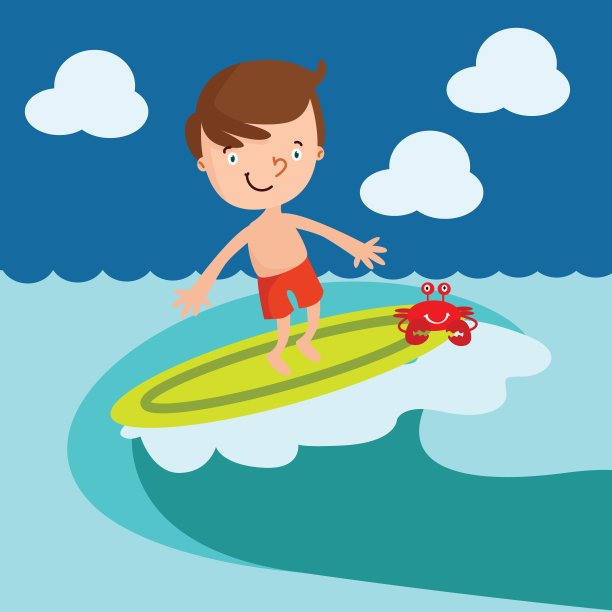 可爱的小冲浪者在一个夏天的海滩度假和冲浪在海上，卡通人物图片下载