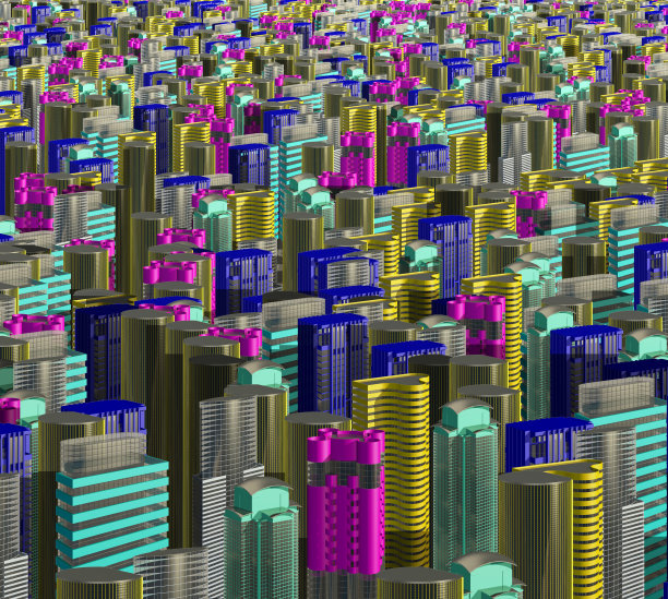 五彩缤纷的摩天大楼和都市中心的三维效益图图片下载