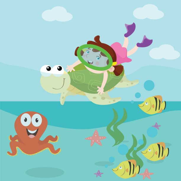 可爱的小女孩和绿海龟在浅海游泳，而在夏天的海滩度假，卡通人物图片下载