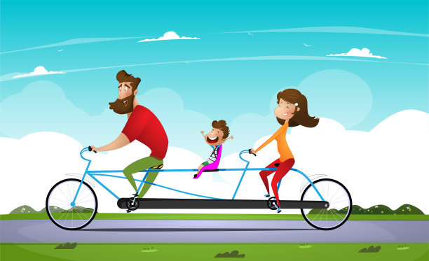 一家人在公园里骑自行车。图片下载