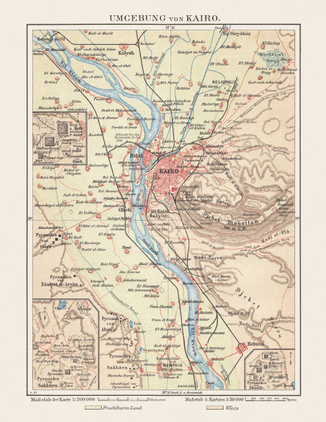 1897年出版的埃及开罗及其周边地区的历史地图石版画图片下载