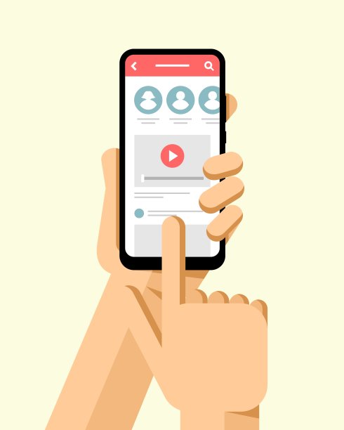 手持在屏幕上显示社交网络应用程序的智能手机。平面矢量现代手机模型插图图片下载