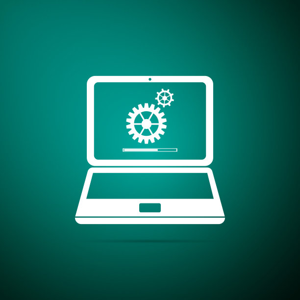 笔记本电脑更新过程与变速箱进度和加载栏图标隔离在绿色背景上。系统软件更新。加载过程在笔记本电脑屏幕。平面设计。矢量图图片下载