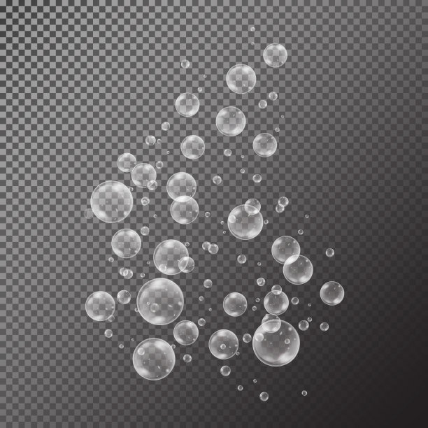 真实的肥皂泡与彩虹反射设置孤立的黑色透明背景。图片下载