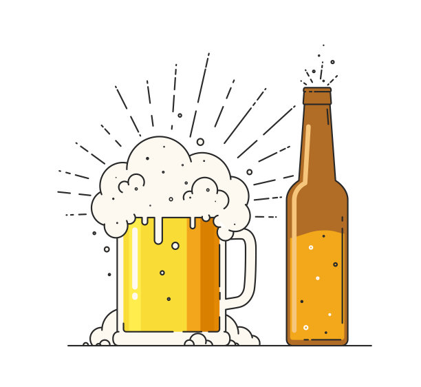 带泡沫和瓶子的啤酒杯。白色背景上有酒精或非酒精饮料的标志。图片下载