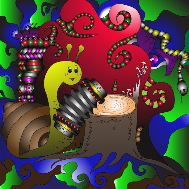 蜗牛和手风琴靠近树桩。矢量插图，明亮，音乐，神话般的，手绘图片下载