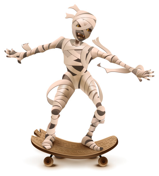 埃及卡通木乃伊怪物在滑板上滚动图片下载