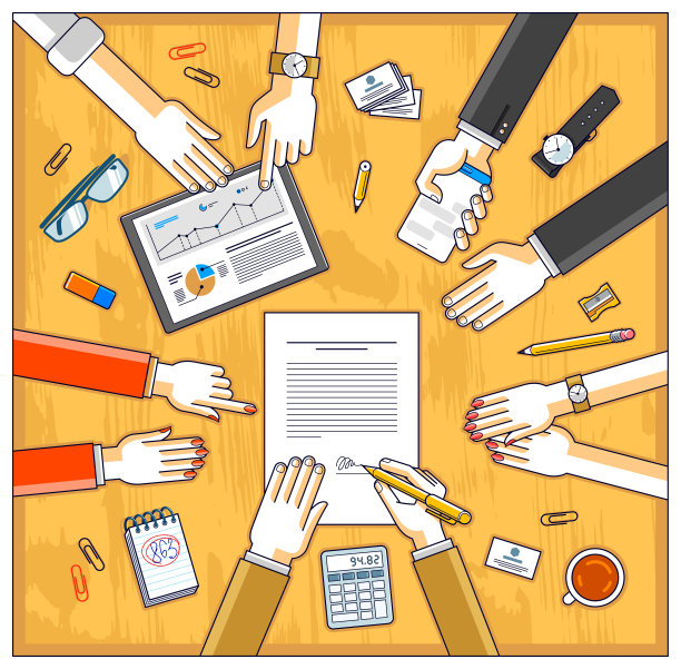 业务团队为投资者做演示，通过分析解释他们的计划，贷款人或首席执行官签署财务文件或订单批准，交易达成。俯视图的人的手。向量。图片下载