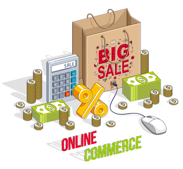 网上购物概念，网上商店，网上销售，购物袋与电脑鼠标和现金栈和计算器隔离。矢量3d等距商业和金融插图。图片下载