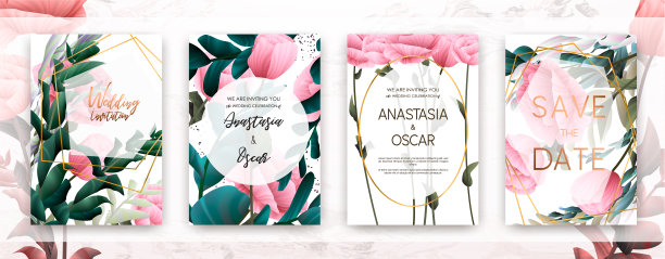 婚礼邀请框集:花、棕榈、肉质、桉叶、水彩、最小矢量。图片下载