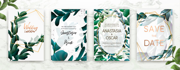 婚礼邀请框集:花、棕榈、肉质、桉叶、水彩、最小矢量。图片下载