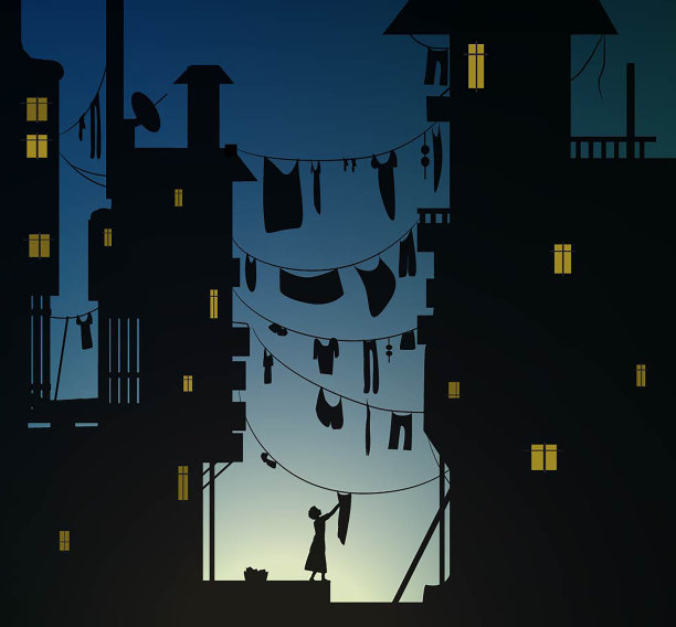 在城市的清晨，女人挂着洗衣服的布，清晨，布挂在房屋之间，图片下载