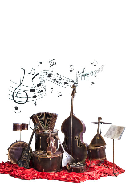 黑色背景上的老式乐器。古典音乐乐器图片下载