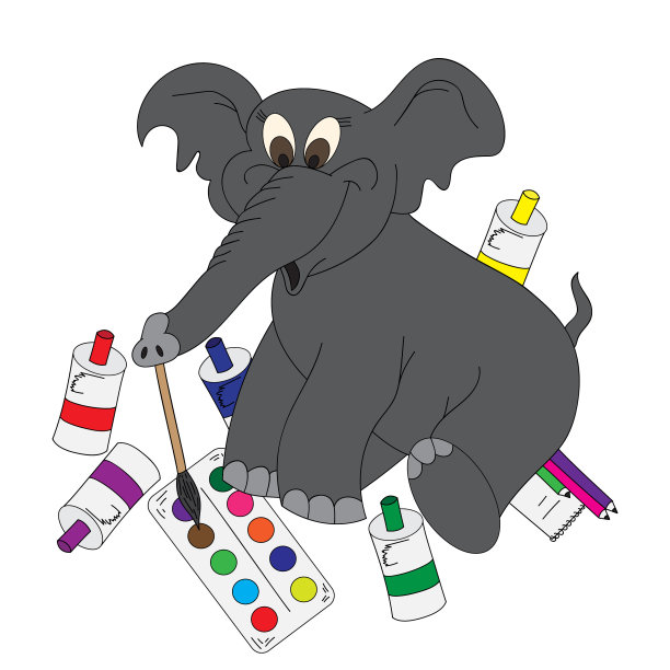 大象用颜料和画笔。矢量插图，明亮，手绘图片下载