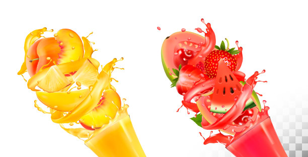 果汁里的水果会溅出来。草莓，番石榴，西瓜，菠萝，芒果，桃子。向量。图片下载