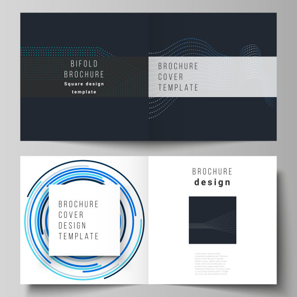 矢量插图的可编辑布局的两个封面模板与简单的几何背景由点，圆，矩形方形设计双折叠小册子，杂志，传单，小册子图片下载