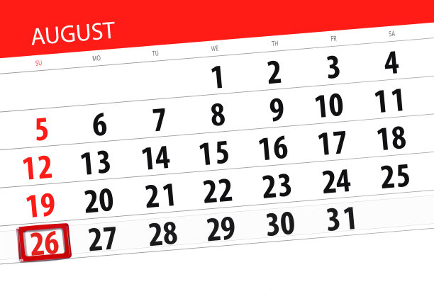 日历计划月，截止日的一周，2018年8月26日，周日图片下载