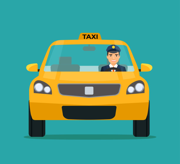 出租车和微笑的司机在Windows。出租车服务。矢量平面样式插图图片下载