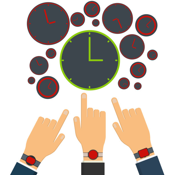 红色时钟和手表的时间不对。绿色时钟的时间正好。图片下载