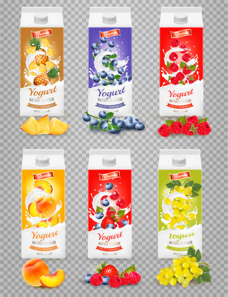 一套酸奶盒水果和浆果。广告设计模板。向量图片下载