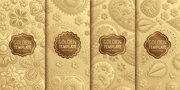 一套黄金豪华模板。抽象的几何背景与佩斯利和花图片下载