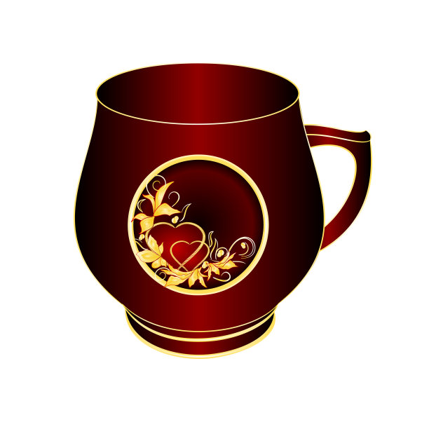 马克杯的黑色和红色的瓷器装饰心和叶在白色背景复古矢量插图可编辑图片下载