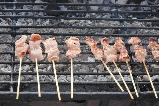 在炭炉上烤猪肉图片下载