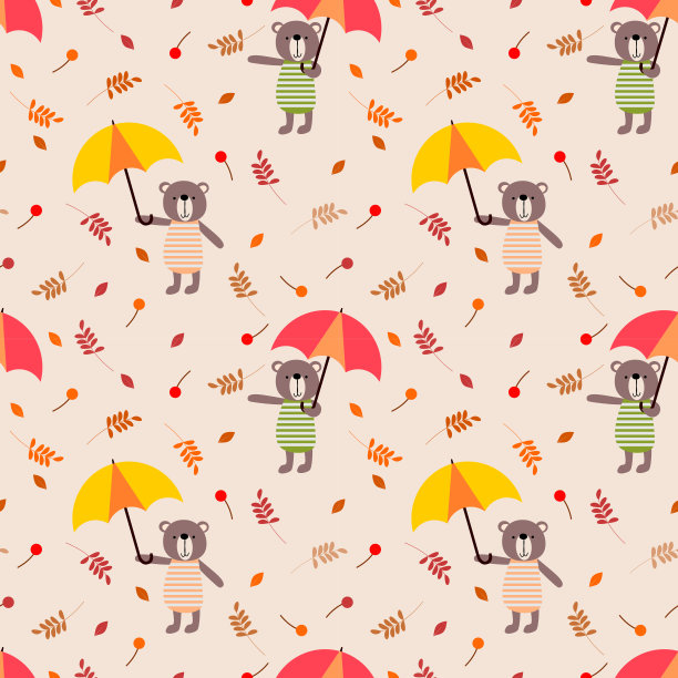 可爱的小熊撑着五颜六色的秋叶无缝图案伞。图片下载
