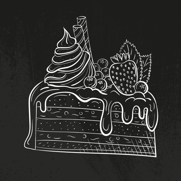 浆果、奶油和薄荷蛋糕。甜蜜美丽的甜点。餐馆或咖啡馆菜单的剪贴画。线的艺术。一块有新鲜浆果的蛋糕。素描风格图片下载