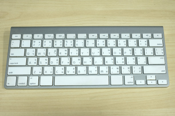 木桌上的现代无线键盘图片下载