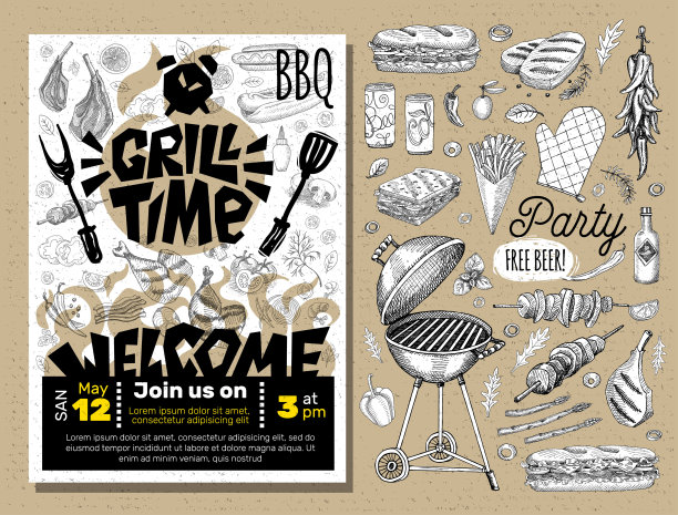 烧烤时间派对烧烤食物海报。烧烤食品，肉鱼蔬菜烧烤器具叉刀鸡虾柠檬香料。图片下载