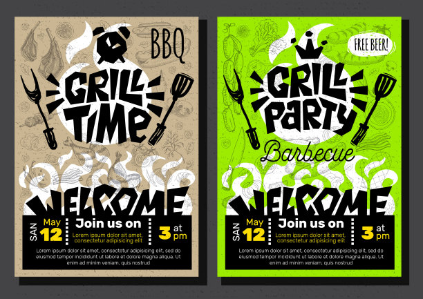 烧烤派对时间烧烤食物海报。烧烤食品，肉鱼蔬菜烧烤器具叉刀鸡虾柠檬香料。图片下载