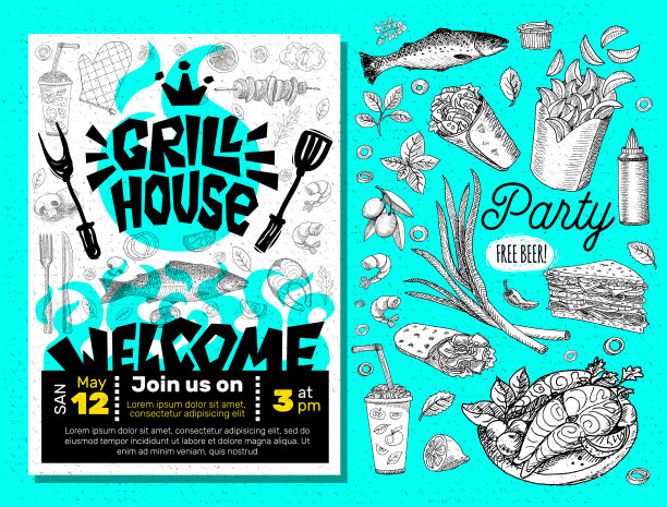 烧烤时间派对烧烤食物海报。烧烤食品，肉鱼蔬菜烧烤器具叉刀鸡虾柠檬香料。图片下载
