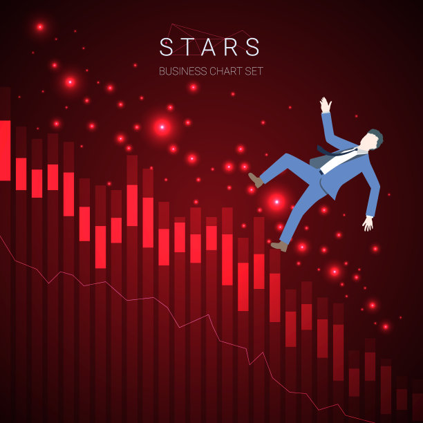 现代商业衰退图表向量与一个商人倒下和星星在深红色的背景。图片下载
