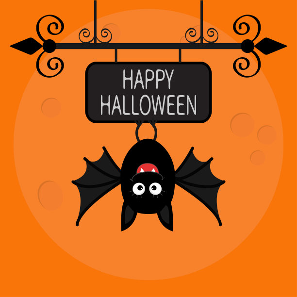万圣节快乐卡。可爱的卡通挂蝙蝠。动物的性格。宝贝说明集合。铁艺招牌。大的月亮。平面设计。橙色背景。图片下载