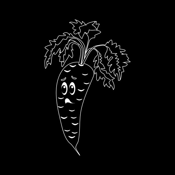 卡通蔬菜剪影胡萝卜。可爱的人物蔬菜胡萝卜脸孤立在黑色背景矢量插图。简单剪影胡萝卜脸图标向量。卡通的食物表情。蔬菜表情符号。有趣的食物的概念。图片下载