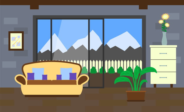 客厅内部有家具，全景窗和观赏植物。图片下载