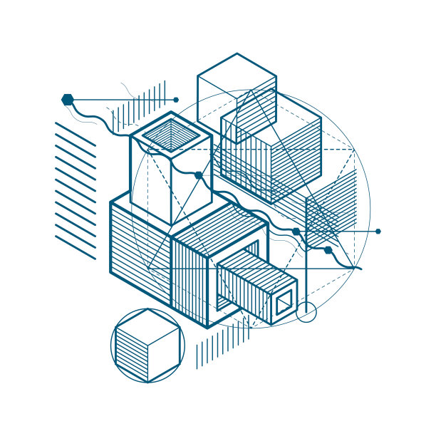 抽象三维图形组成，矢量等距背景。由立方体、六边形、正方形、长方形和不同的抽象元素组成。图片下载