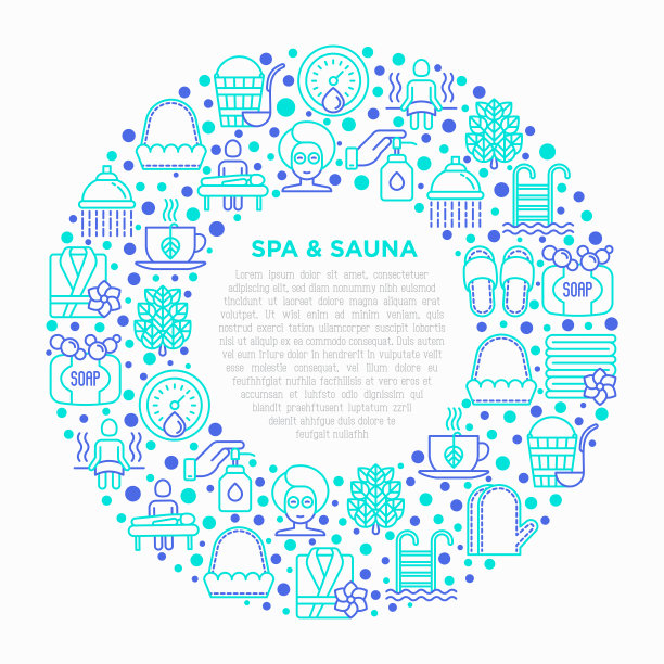 水疗和桑拿概念的圆形细线图标:按摩油，毛巾，蒸汽房，淋浴，肥皂，桶和勺，湿度计，游泳池，面膜。矢量插图，打印媒体模板。图片下载