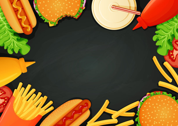 快餐海报，横幅，菜单模板。汉堡，热狗，番茄酱，芥末，薯条，饮料，生菜和西红柿片在黑板上。图片下载