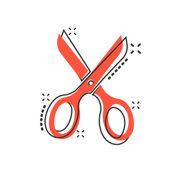 矢量卡通剪刀在漫画风格图标。剪刀符号插图象形文字。剪切企业飞溅效应概念。图片下载