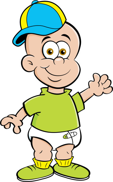 卡通婴儿戴着棒球帽挥手。图片下载