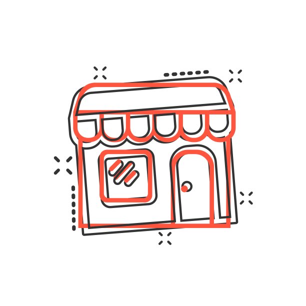 矢量卡通商店市场图标在漫画风格。商店建筑标志插图象形文字。商场商业飞溅效应概念。图片下载