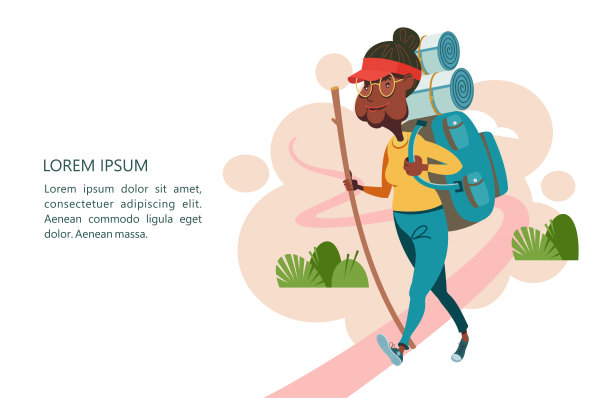 老年人过着积极的生活方式。老年人做运动。一位上了年纪的妇女去野营。矢量插图。图片下载