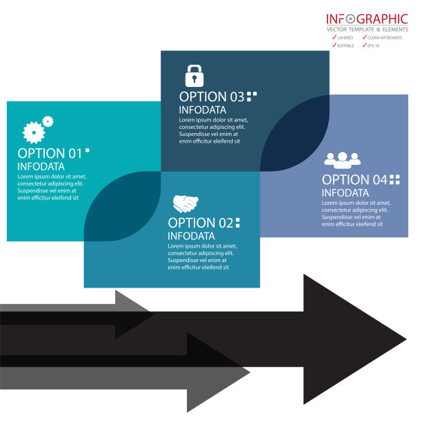 向量抽象元素信息图4选项。设计商业或财务模板布局，小册子，工作流，信息或演示等。可以添加信息数据和图标。抽象的三维向量。图片下载