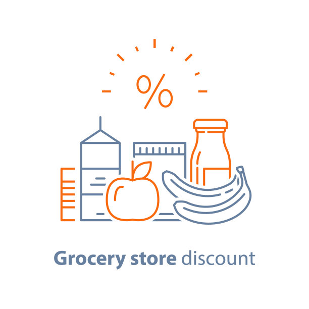 食物选择丰富，食品杂货食品和饮料，成堆的产品，消费概念，零售商店忠诚计划，线图标图片下载